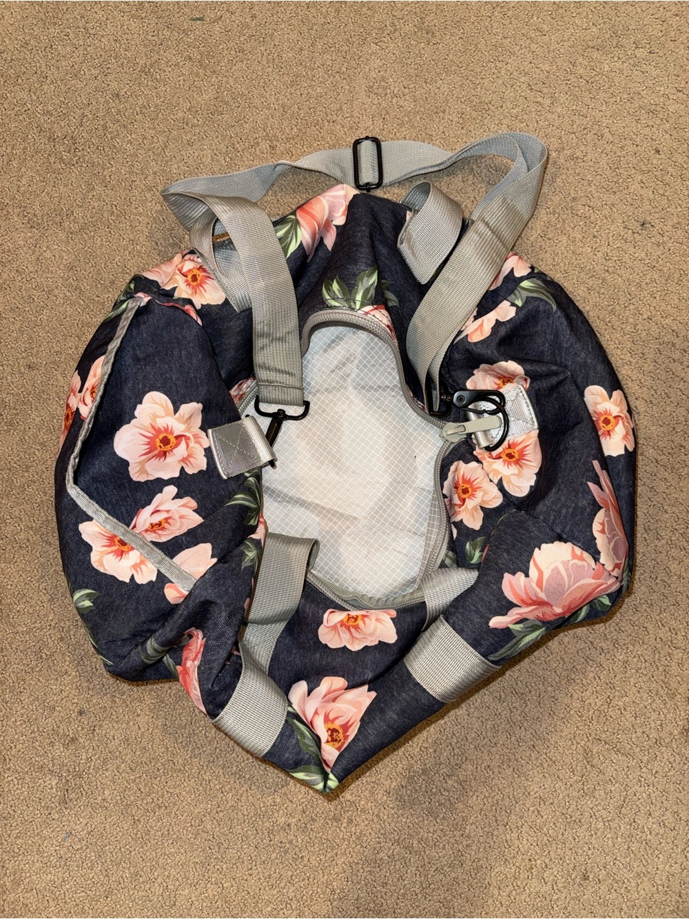 Floral Canvas Travel Duffel Bag - Navy with Pink Flowers